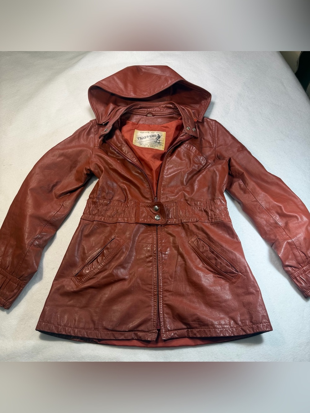 Vintage Trappeur Genuine Leather Hooded Jacket Rust Red Y2K Fitted